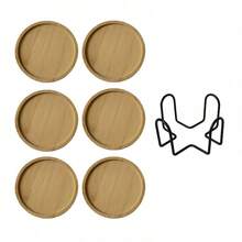 6件套日式竹木耐热杯垫，含1个铁架，木质茶杯垫，圆形耐热茶垫，禅意家居木质杯垫 - 彩色 - 查看 2