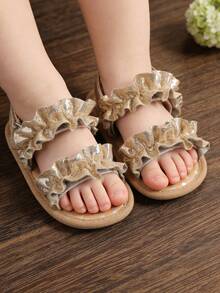 0-18 Months Infant Girls Glitter Ruffle Sandals | 2-Strap Infant Shoes | Non-Slip Soft Bottom Toddler Sandals, Suitable For Summer Beach And Special Occasions - Gold - View 3
