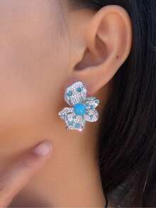 1 Pair Women Boho Silver Plated Blue Turquoise Big Flower Stud Drop Earrings Cubic Zirconia Jewelry Accessories For Brides Bridesmaids Wedding Party Prom - Blue - View 4