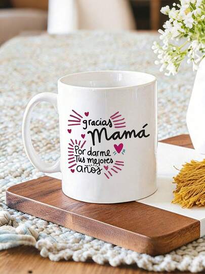 1pc 11oz Gracias Mama 11oz Ceramic Mug - Spanish Mother'S Day Gift With Heart Design, White With Black Lettering & Pink Hearts, Hand Wash Only, Reusable Coffee Cup For Home,Holiday Gifts,Birthday Gifts, Kitchen Or Dining Decor, Kitchen Drinkware, Festive Drinkware ,Water Cup, Summer Winter Drinkware,Suitable For Hot Or Cold Drinks,Party,Wedding