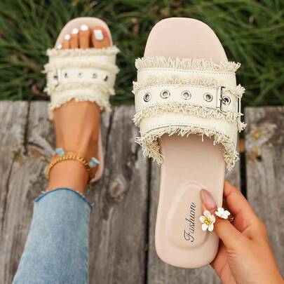 Women's Beige Fuzzy Metal Buckle Slide Sandals, Summer Outdoor Flat Non-Slip Slip-On Slippers, Retro Fuzzy Trim Decor Flat Sandals, Gentle Fuzzy Trim Slide Sandals