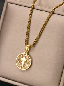 Dây chuyền mặt dây hình thánh giá hoa diên vĩ bằng thép không gỉ mạ vàng 18K, dài 60cm, thích hợp đeo hàng ngày và làm quà tặng ngày lễ, unisex. - Vàng - Xem 14