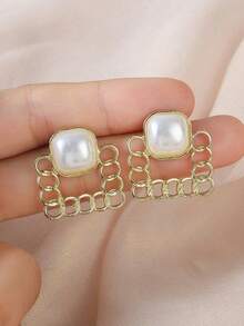 1 Pair Elegant Geometric Square Faux Pearl Earrings, Fashionable Unique Versatile Earrings Suitable For Women's Daily And Holiday Wear - Geometric Square - View 2