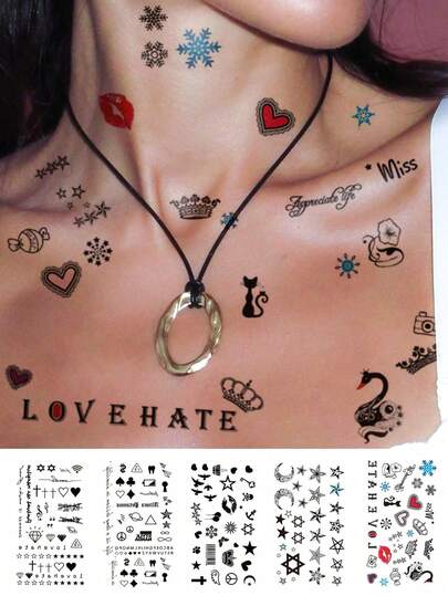 5 hojas de pegatinas de tatuajes temporales de arte corporal para hombres y mujeres. El patrón es simple y divertido. Contiene pequeños patrones como corazones, estrellas, luna y copos de nieve. Pegatina de tatuaje falso impermeable, dura de 2 a 5 días y se puede aplicar en dedos, brazos, cuello, pecho, hombros, cintura, piernas y tobillos. Fácil de pegar y quitar, ideal para festivales, fiestas, regalos, festivales de música y el Día de San Valentín.