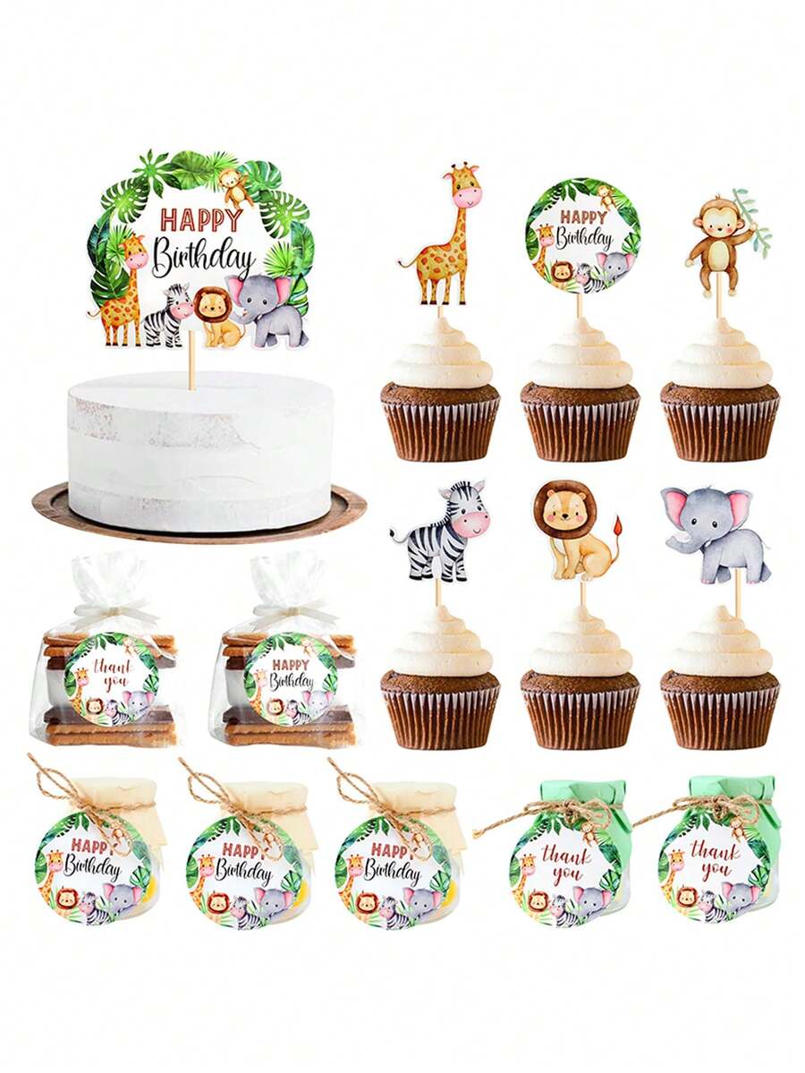 107 piezas/50 piezas/6 piezas/1 pieza - Decoraciones para cupcakes con tema de selva salvaje, tarjetas de agradecimiento con tema animal, etiquetas de regalo de papel "Feliz cumpleaños", decoraciones para pasteles; adecuado para decoraciones de fiesta con tema de selva salvaje, fiesta de baby shower y fiesta de cumpleaños - Multicolor - Ver 1