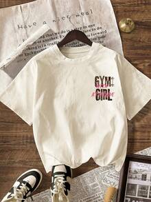 GYM GIRL Slogan Graphic Casual Round Neck Short Sleeve T-Shirt, Women Summer Outfits - Light Apricot - View 2