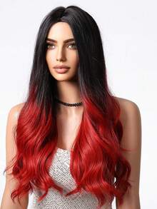 红色渐变20英寸长波浪卷合成假发，自然红色渐变水波纹假发，适合女性，非洲裔角色扮演日常发型，中分，耐热 - 漸層紅色 - 查看 5