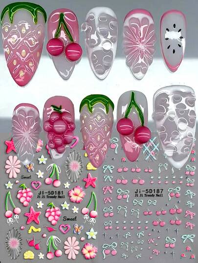 מדבקות ציפורניים אמנות ציפורניים 5D אביב קיץ תבליט פרח אדמונית, ורוד חמוד ענבים מצוירים לב כוכב ים, עיצוב קשת דובדבן DIY קישוט ציפורניים דביק, מתאים לנשים ולשימוש יומיומי של ציוד אמנות ציפורניים