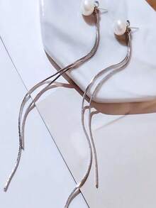 1 Pair Silver/Gold Faux Pearl Earrings, Sparkling Long Tassel Earrings, Bridal Party Jewelry, Wedding Gift, Suitable For Wedding Reception, Church Ceremony, Bridal Look, Anniversary - Multicolor - View 5