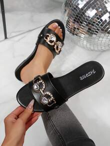 Sandalias de mujer con decoración de rhinestones, cómodas y casuales para uso en exteriores, minimalistas de una sola tira, diapositivas planas negras, de moda, nuevas llegadas de verano - Negro - Ver 3