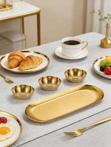 Bộ 4 đĩa đựng nước chấm hình bầu dục bằng thép không gỉ, đĩa khai vị kiểu Hàn Quốc, khay đựng gia vị cho lẩu và nướng BBQ. - Vàng - Xem 2