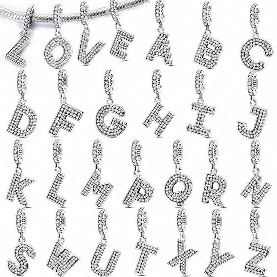 1 Pc A-Z 26-Letter Alphabet Charms With Inlaid Shiny Zirconia-DIY LOVE Letter Jewelry Gift, Perfect For Custom Bracelets And Necklaces - Silver - View 1