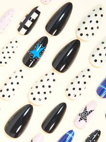 24片杏仁形黑色波点和蓝色星星图案可爱黑色假指甲，搭配白色不规则漩涡和黑蓝条纹粉色假指甲，柔和白色优雅银色波点假指甲，全覆盖式假指甲贴片，适合女性和女孩，包含1片粘性贴纸和1个迷你指甲锉，随机发货 - 白色 - 查看 4