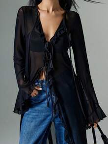 Women Frill Sheer Kimono Long Sleeve Deep V Neck Ruffle Top See Through Flowy Going Out Blouse Shirt Y2K Mesh Tie Front Beach Cover Ups Party Clubwear - màu đen - Xem 6