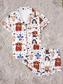 Labyrinth Magical Maze Cartoon Character Printed Pajamas Set, Short Sleeved Shirt With Collar And Buttons, Loose Elastic Shorts, Suitable For Festivals, Parties, Casual Outdoor And Indoor Wear, Suitable For All Seasons - trắng - Xem 9