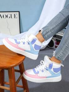 Men's Pink Blue Color Block High-Top Sneakers, Fleece-Lined Warm Winter Boots, Lace-Up Round Toe Thick Sole Non-Slip Casual Outdoor Shoes, Fashion Versatile Couple Footwear,Perfect Holiday Gifts - Trăng Bột Trắng - Xem 2