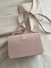1pc Mini Solid Color Square Bag With Metal Buckle Decor, Suede-Like PU Adjustable Shoulder Strap, Flap Cover Fashion Women Crossbody Bag For Daily Use & Outing ,Pink Bag - Pink - View 7