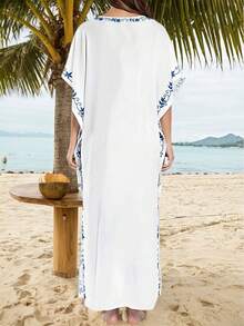 波西米亚风女士白色V领卡夫坦沙滩罩衫，半袖，长款休闲度假连衣裙 - 白色 - 查看 2