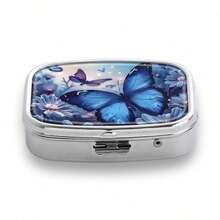 1PC Blue Butterfly Theme Pattern Metal Medicine Box - 2 Grid Portable Drug Storage Box,  Vitamin Organizer, Travel Or Handbag Decorative Gift, Lightweight Design, Special For Daily Medication - Kiểu dáng a - Xem 9