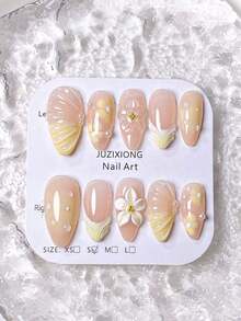 10pcs Almond-Shaped Artificial Nail Stickers With 100% Hand-Painted Lemon Yellow Flowers, Shell Pattern Gel Decorations, Unique Aurora-Like Orange-Yellow Jumping Effect, Cute Hand-Painted Yellow Polka Dot Five-Petal Flowers, High-End Yellow French Faux Pearl Waves, 3D Carved Small Water Droplets, Unique Elegant Cute Luxury Style, Suitable For All Occasions, Can Be Matched With Various Outfits, Quick Application And Removal, Reusable Nails Nail Supplies Handmade Press On Nails - 黃色 - 查看 4