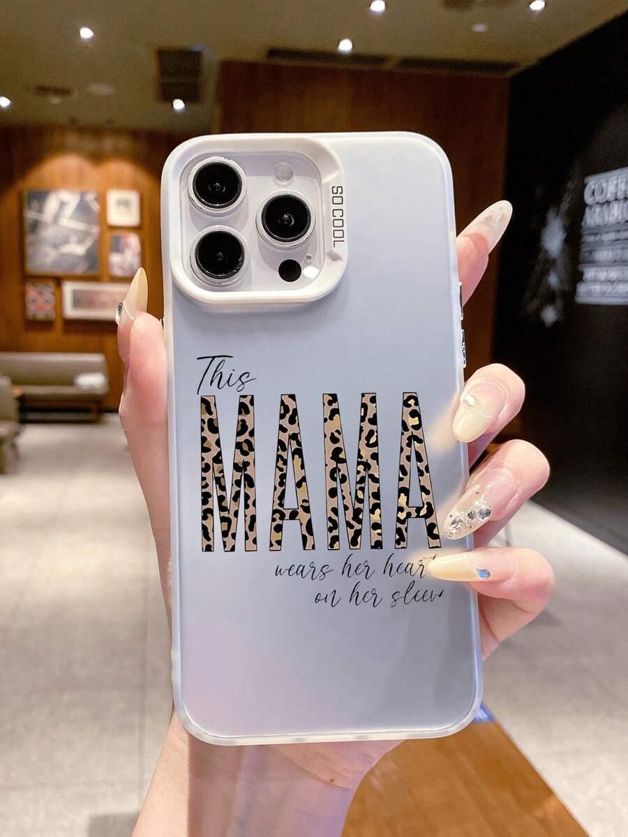时尚豹纹“MAMA”母亲节元素设计奢华渐变银色硅胶软边亚克力硬背保护摄像头镜头防震加厚PC金属按键手机壳兼容/ - 銀色 - 查看 1