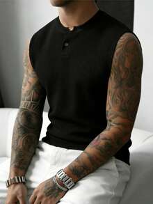 GRDR New Men's Summer Henley Neck Sleeveless Knit Tank Top - Casual Versatile Vest - Black - View 3