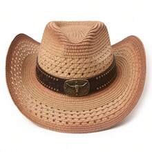 Western Style Gradient Straw Hat With Rivet Leather Belt, Beach Vacation & Outdoor Riding Sun Hat - Straw Hat - View 8