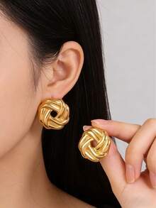 18K Gold-Plated Stainless Steel Women's Earrings With 316L Hooks; Hypoallergenic; Elegant Braided Design; Stylish, Minimalist, And Classic Jewelry; Perfect For Everyday Wear, Holidays, Vacations, Or Parties - Multiple Styles - View 10