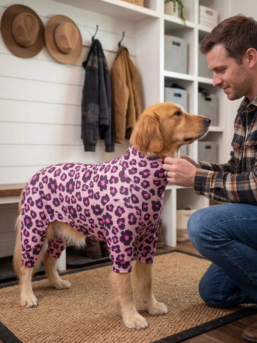 狗狗夏季防掉毛睡衣 - 透气高弹全包覆宠物连体衣，夏季防舔舐防虫连体衣，适合中大型犬，全身印花狗狗服装 - 可爱梅花图案 - 彩色 - 查看 1