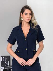 New Tailored Blouse And Wide-Leg Trousers Set With Working Buttons C6606 - Azul Marino - Ver 9