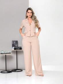 New Tailored Blouse And Wide-Leg Trousers Set With Working Buttons C6606 - Beis - Ver 1