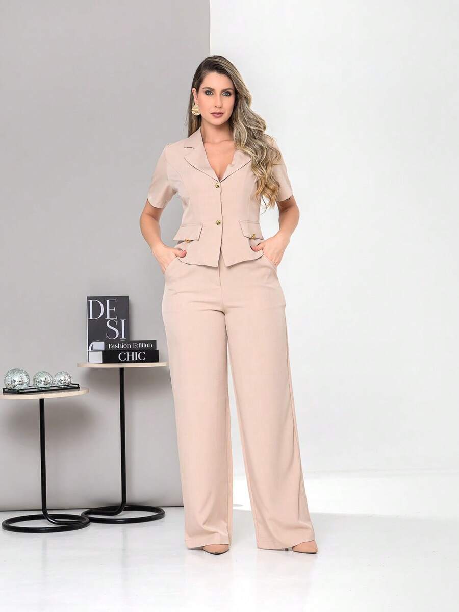 New Tailored Blouse And Wide-Leg Trousers Set With Working Buttons C6606 - Beis - Ver 1
