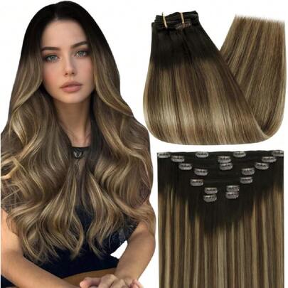 Extensiones de Cabello Humano Clip en 16 Puadas Ombre Marrón a Marrón Oscuro Mezcla Rubio Miel Extensiones Invisibles de Clip Cabello Natural 7 Piezas 120G,44136222