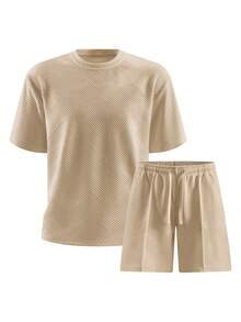 Men's Short Sleeve Crew Neck T-Shirt And Drawstring Waist Shorts Set, Suitable For Men's Casual Wear, Perfect For Personal Use Or As A Gift For Friends - Khaki - View 2