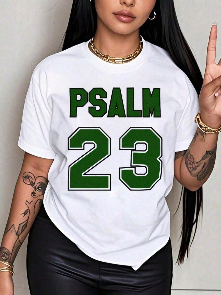 Hot Classic StyleWomen's Psalm 23 Jersey Premium T-Shirt - Casual Short-Sleeve Crew Neck T-Shirt With Bright Green Lettering, Soft And Breathable - 白色 - 查看 1