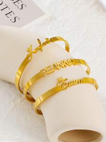 Vòng tay nữ bằng thép không gỉ được thiết kế riêng theo yêu cầu, có khắc tên, chữ cái, hình trái tim, hình bướm rỗng, quà tặng trang sức cho đám cưới, ngày Valentine. - Vàng - Kiểu 7 - Xem 5