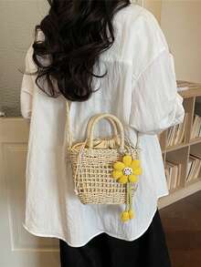 Woven Tote Bag With Sunflower Charm, Crossbody Mini Straw Bag, Girly Vacation Style - Beige - View 3