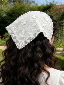 1 pieza Pañuelo de encaje floral blanco delicado y versátil con lazo - Multicolor - Ver 2
