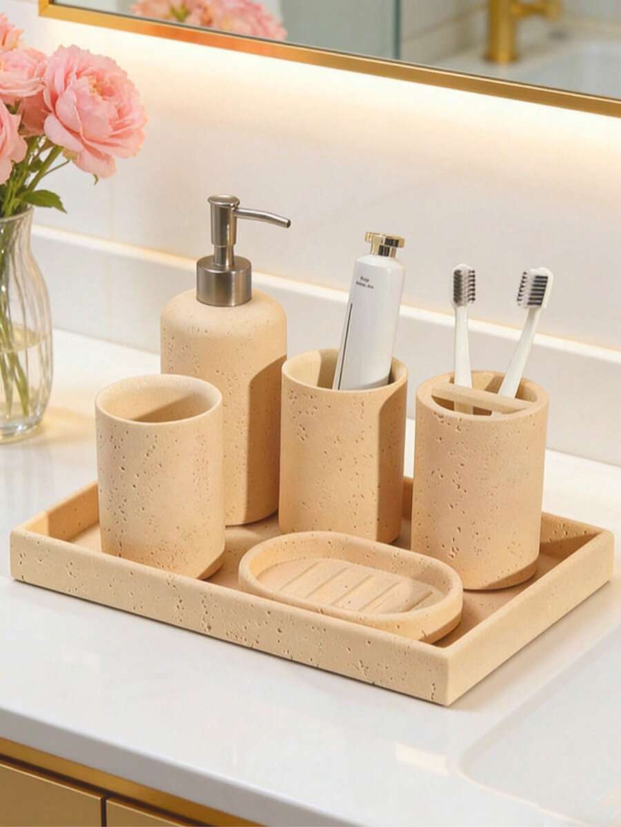 1件树脂浴室配件套装，包含乳液皂液器、牙刷架、漱口杯、梳妆托盘、台面浴室托盘、皂碟、浴室配件套装、浴室收纳架、仿石材质浴室配件、返校季浴室装饰收纳盒