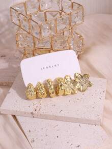 3-9对/套 金色贝壳、海星、五瓣花、水滴多元素耳环，奢华优雅百搭新款设计 - 金色 - 查看 8