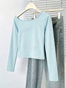性感修身不对称肩部长袖露脐上衣 - 藍色 - 查看 7