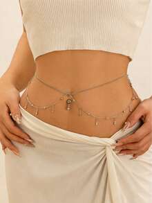 1pc Women's Elegant Sparkling Double-Layer Navel Ring, Crystal Tassel Design, Suitable For Party And Occasion Wear - Silver - View 1