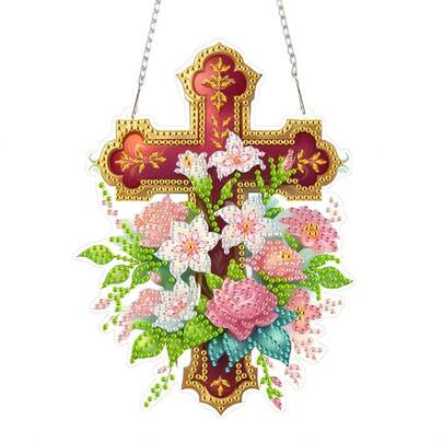 一套5D DIY亚克力钻石画套装，十字花卉图案 - 独特造型水晶艺术，非常适合节日派对装饰和创意礼物