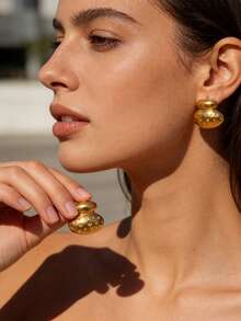 1 par de pendientes redondos vintage con relieve, de color dorado, de acero inoxidable con diseño geométrico, para mujer, regalos de joyería para fiestas y viajes de verano - Dorado - Ver 7