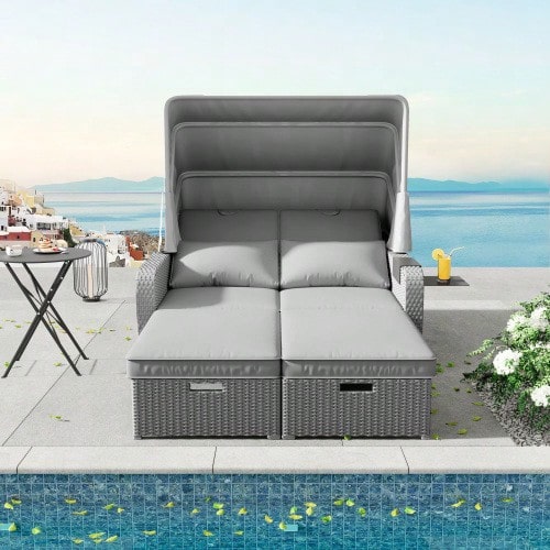 Poly Rattan Garden Furniture For 2 People, Garden Sofa, Lounge Sofa, Removable Canopy, Poly Rattan And Foam, Grey - Grey - View 1