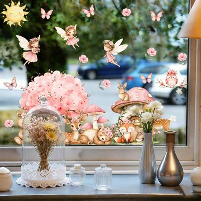 Pink Fairy Tale Cherry Blossom Tree Window Sticker, Cute Forest Animals & Fairies Decal For Kids Nursery Decor