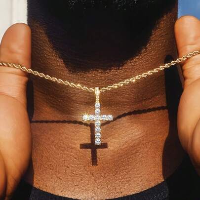 1 pieza Collar con colgante de cruz de acero inoxidable con rhinestones, minimalista y elegante, cadena de suéter de moda para hombres, adecuado para uso diario, reuniones y accesorios casuales