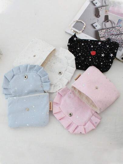 Ins风闪亮口红包翻盖设计卡包身份证收纳袋可爱荷叶边零钱包女孩星星装饰零钱包便携式耳机收纳袋