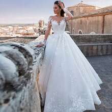 Exquisite V-Neck Long Sleeve Ball Gown Wedding Dress With Cathedral Train, 3D Floral Lace Appliqués, And Illusion Back – Premium Chantilly Lace With Tulle Skirt, Fitted Bodice With Boning, V-Neckline With Off-Shoulder Sleeves, Cathedral Train With Lace Edging, Available In Ivory – Perfect For Spring/Summer Outdoor Weddings, Garden Ceremonies, And Destination Weddings, Lightweight And Breezy Design, Ideal For Warm Weather, International Export Quality, Suitable For Global Bridal Market - 白色 - 查看 6