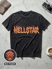 Unisex Streetwear, Men's Y2K Grunge Hellstars Slogan & Flaming Fire Text Graphic Double-Sided Print T-Shirt, Acid Washed Tee, Flaming Skull Dark Aesthetic Oversized T Shirt, Graphic Tees Men, Camisetas Para Hombre, Ropa De Hombre, Playera De Hombre, Navidad,Mens Clothes,Graphic Tee,Summer Clothes,Summer Tops,Easter Outfits,Spring Clothes ,Shirts - Black - View 1